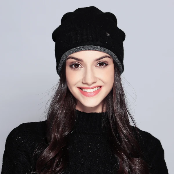 Шерстяные зимние шапки для женщин, элегантные двухслойные очень толстые вязаные модные новые шапки женские шапочки# MZ724 - Цвет: Черный