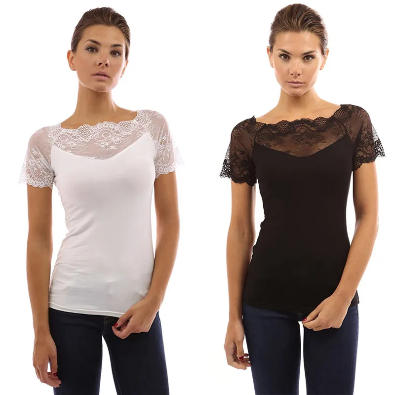 

Women Summer T-Shirt Sexy Lace Patchwork O-Neck Short Sleeve Knitted Top Fashion Solid Color Slim Fit T-Shirt