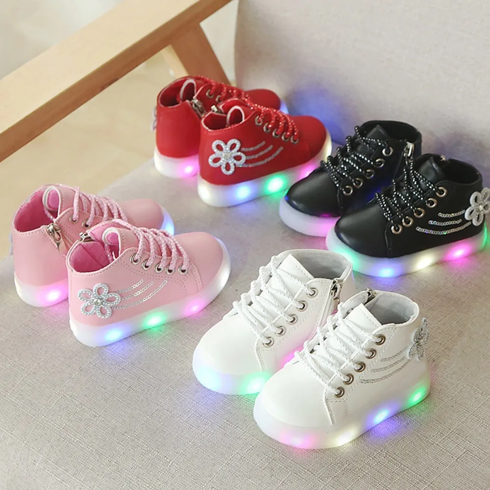 

Children Baby Shoes Girls Floral Crystal Led Light Luminous Running Sport Boots Shoes Zapatos De Mujer