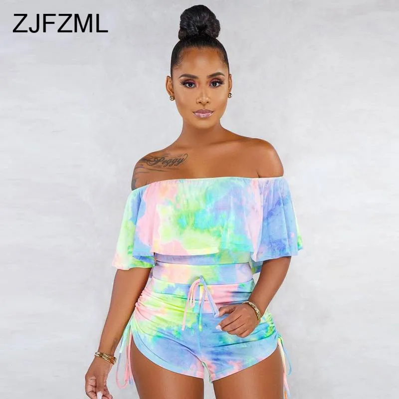 

Off The Shoulder Tie Dye Sexy Playsuit Women Slash Neck Backless Ruffles Drawstring Jumpsuit Summer High Waist Bodycon Rompers