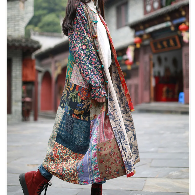Autumn Winter Jackets Loose Vintage Cotton padded Casual Parka Long Windbreaker Patchwork Jacket north facce jacket