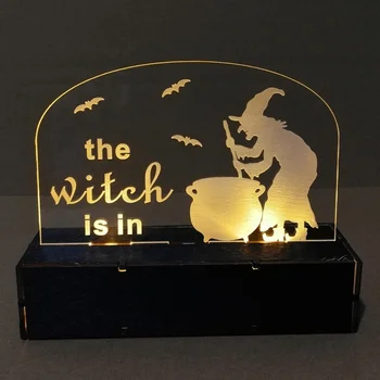 

Halloween Haunted House Elf Tombstone Hanging Decoration Wooden Halloween Acrylic Laser Engraving LED Light Hanging Decoration