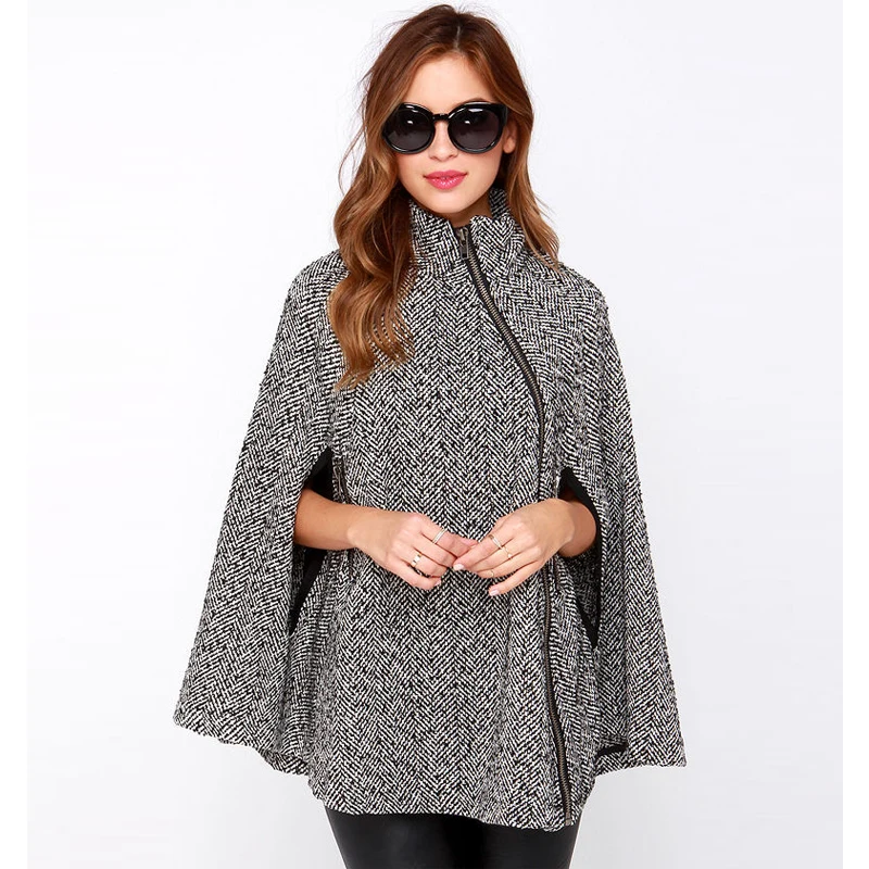 2016 New White Wool & Blends Women Outwear Coat Autumn Winter Fashion Long Cape Poncho Cloak British Style Mantle Zipper Clothes