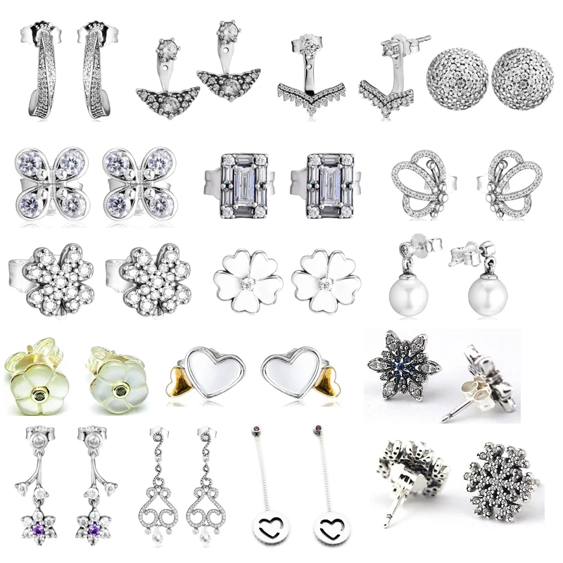 

100% 925 Sterling Silver Stud Earrings with Clear Cubic or Pearl Stone Earrings for Women Fine Earring Jewelry EAR