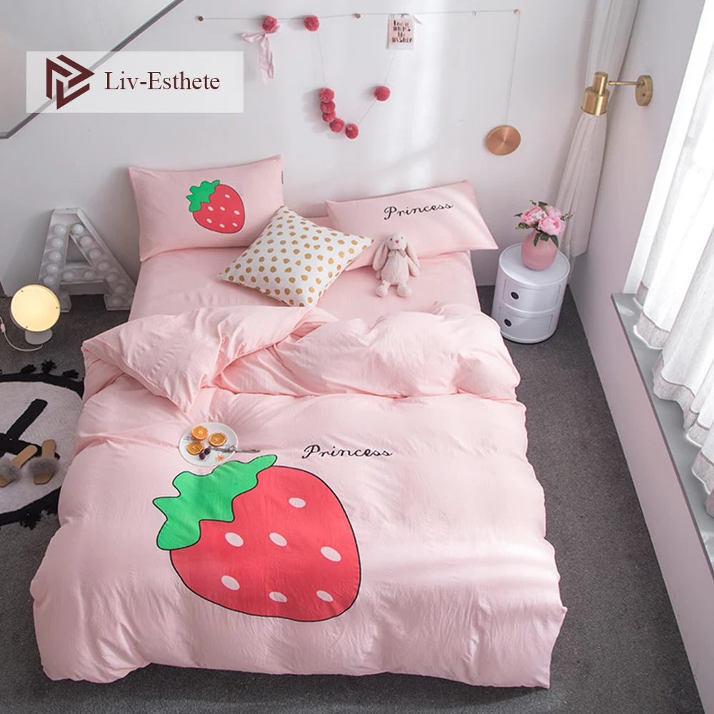 Liv Esthete Hot Sale Strawberry Cartoon Bedding Set Pink Duvet