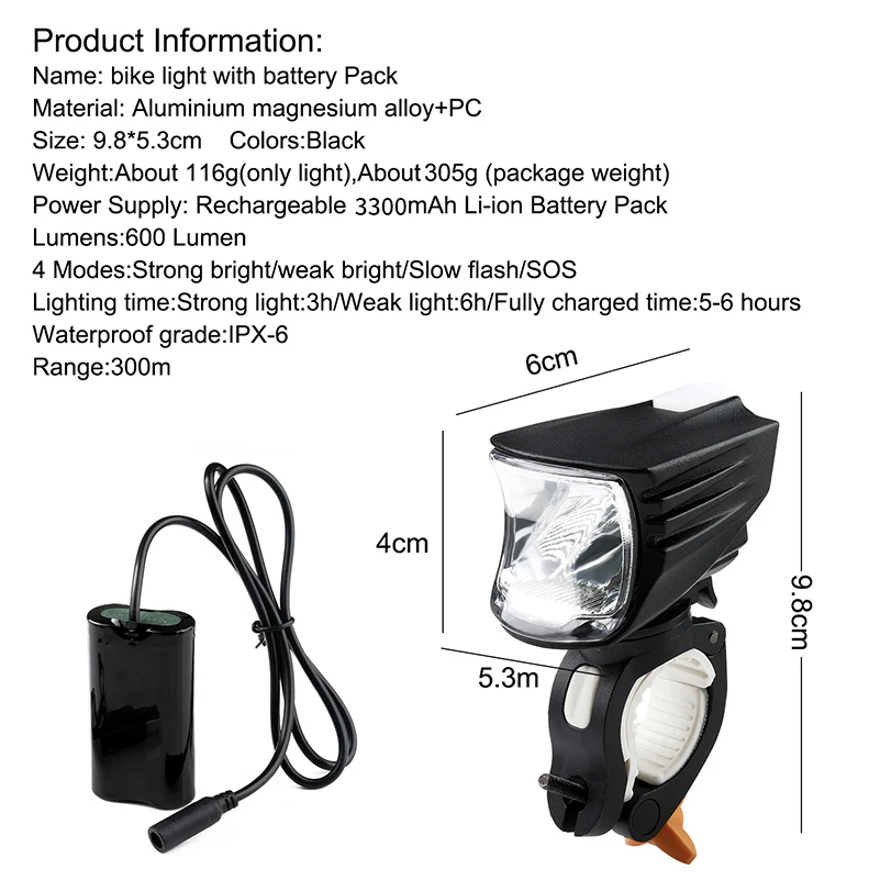 WEST BIKING Bike Light IPX-6 Waterproof 600 Lumens USB Rechargable Handlebar Light with 3300mAh Battery Pack Bike Bicycle Light