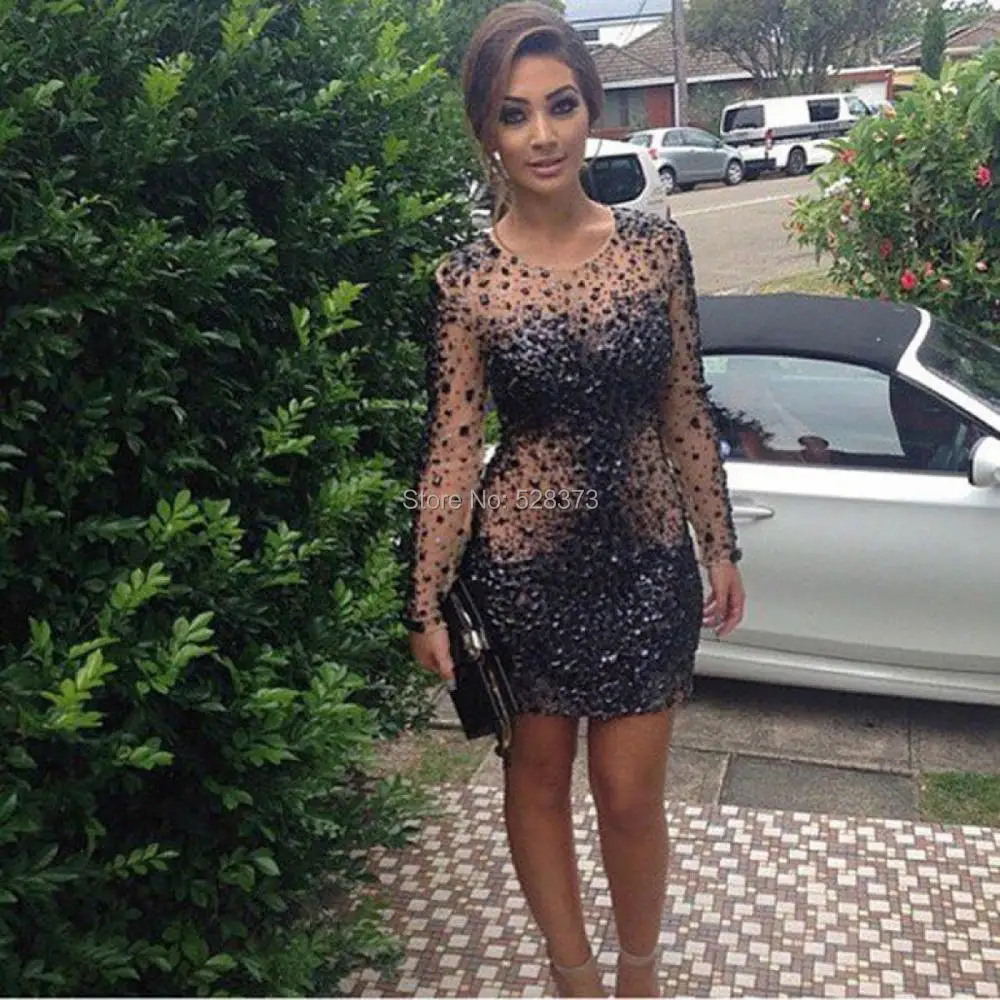 YNQNFS CD24 Mini/Short Sheer Long Sleeves See Through Crystal Prom Dresses Party Dress | Свадьбы и торжества