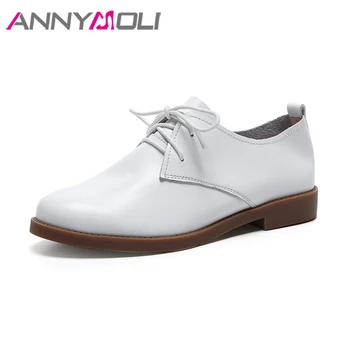 

ANNYMOLI Genuine Leather Derby Shoes Women Moccasins Flats Lace Up Shoes Cow Leather Casual Shoes Female Flat Shoes Black White
