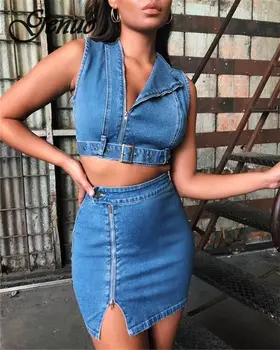 

Zipper Denim Two Piece Set Women Summer Sleeveless Crop Top and Skirt Set Cotton Casual Ladies Sets Sexy Club Wear