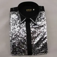 Новая мужская рубашка с длинными рукавами для выступлений, студийная танцевальная сценическая рубашка с блестками для хора