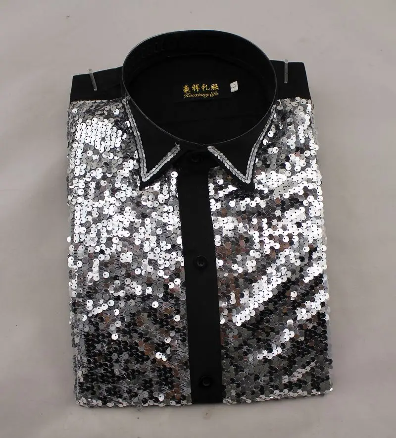 

New men's long-sleeved performance shirt studio dance stage performance host sequin chorus flash shirt