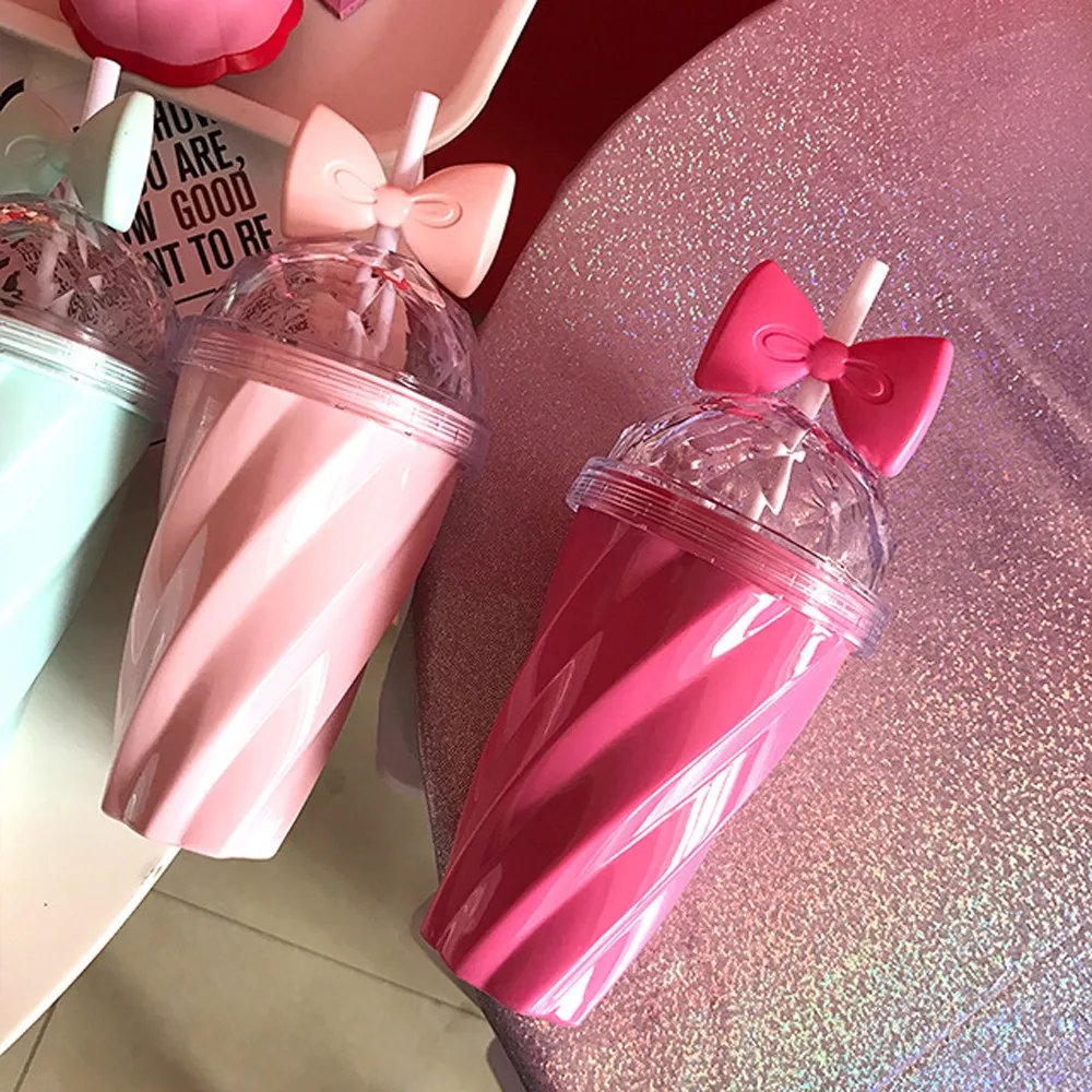 

Fashion Lovely Straw Cup Bottle Princess Style Girl Twisted Shape Cold Drink Water Cups Bottles Plastic With Bow Lid Straw Cup