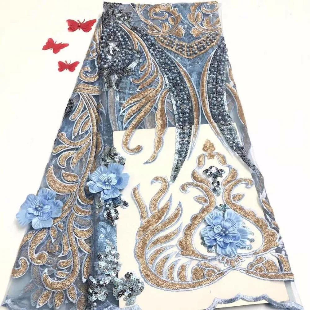 

Latest Shinning powder hand gold glitter beads lace fabric 5yards for indian/nigerian wedding/ evening dress/stage blue peach(3