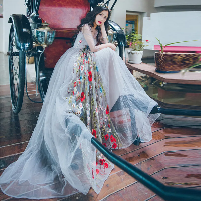 

2017 spring vintage cutout embroidery perspectivity organza one-piece dress high waist long-sleeve full dress