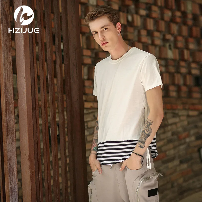 

HZIJUE 2017 Summer Curved Hem T-Shirt Extended Swag Hip Hop Short Sleeve Long Shirt Mens Stripe Patchwork Side Zipper Tops Tee