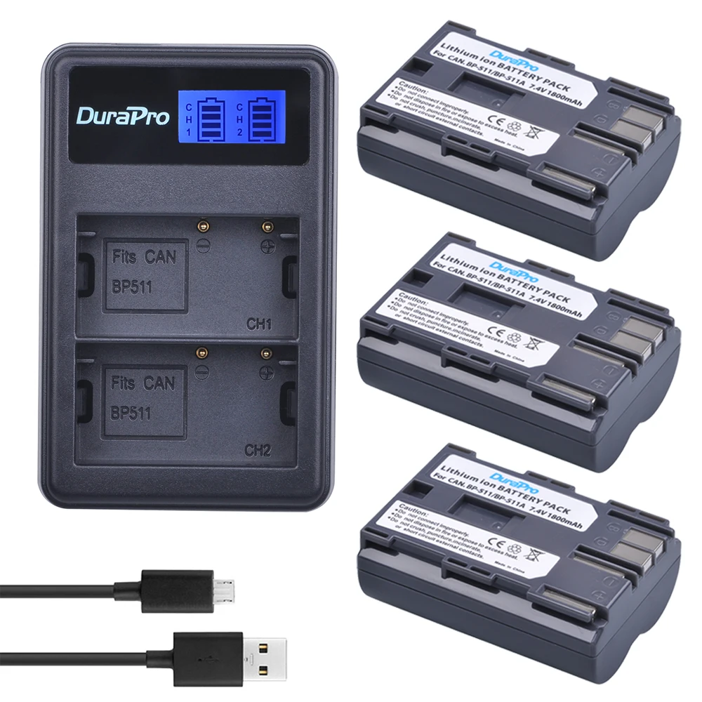 Durapro 3Pc 1800Mah Bp-511 Bp 511 Bp-511A Bateria + Caricatore Usb Lcd Per Batteria Canon Bp-511 Bp-511A Eos 50D 40D 30D D60 D30 5D