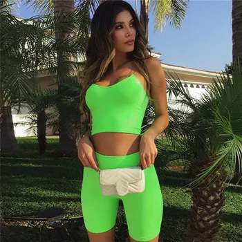 

Summer Women 2 Piece Set Crop Top Hot Pants Solid Color 2 Piece Sets Womens Outfits Ladies Clothing Fitness Women Tracksuit Set