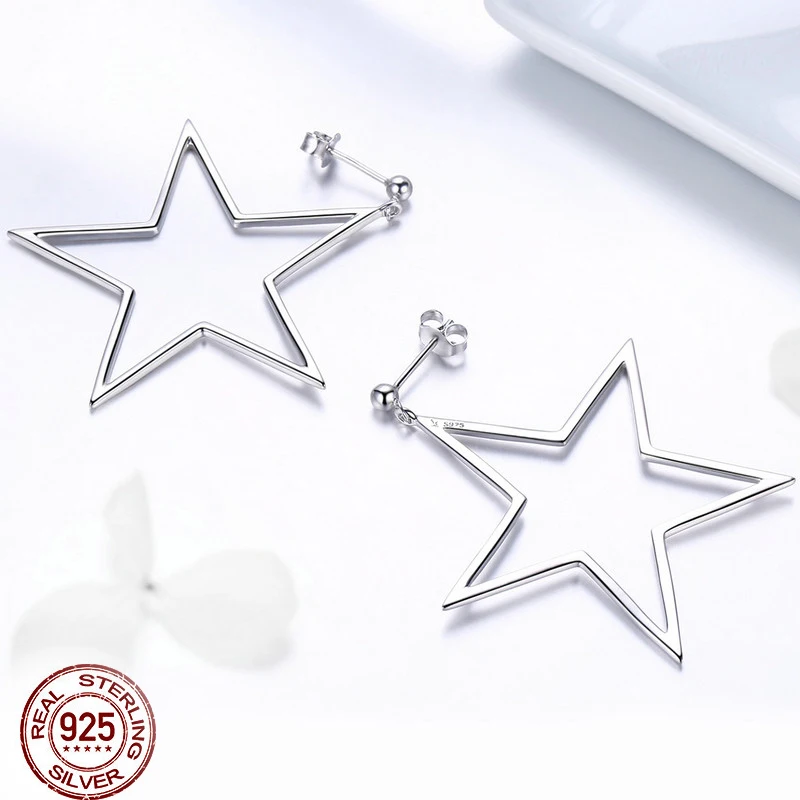 

Real 925 Sterling Silver Punk Rock Star 43x40mm Drop Earrings for Women Simple Geometric Line Fashion Earrings silver Jewelry