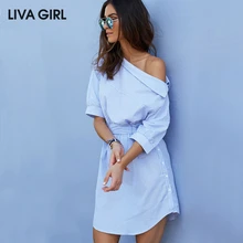 LIVA GIRL Women'S Dresses Ladies Summer Dress 2017 Shirt Dresses For Women Slash Neck Blue Striped Beach Dress vestido de fest