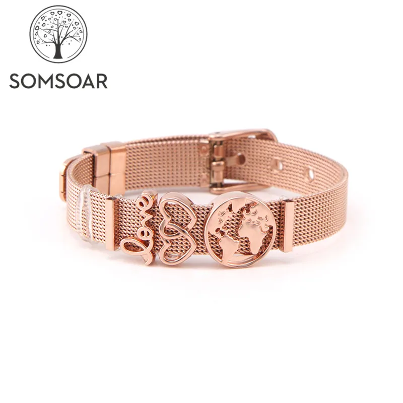 Somsoar ювелирные изделия розовое золото SOULMA WORLD Charm bracelets Set TRAVEL EXPLORE ore LIVE Mesh set with Map