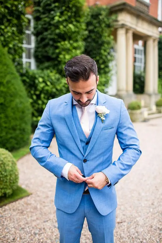 

Latest Coat Pant Designs Light Blue Beach Wedding Men Suit Slim Fit 3 Piece Blazer Custom Bridegroom Tuxedo Terno Masculino