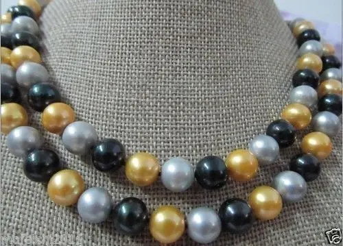 

35"NATURAL 9-10 MM SOUTH SEA BLACK GRAY YELLOW Pearl Necklace 14k Gold Clasp