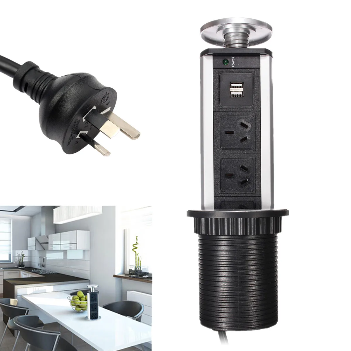 

New 3 AU Plugs Double USB Pop Pull Up Electrical Desk Worktop Socket Practical Home Office Kitchen Worktop Desk Socket