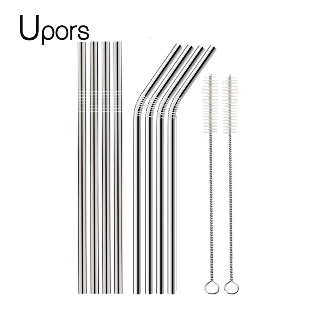

UPORS 266*6mm 8Pcs Eco Friendly Metal Straw 304 Stainless Steel Straw Reusable Drinking Straws Set with 2 Brush