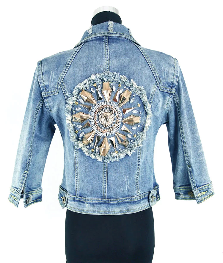 Высокое качество, женское джинсовое пальто и куртка, весна-осень, подиумная синяя Роскошная джинсовая куртка с бисером и пайетками