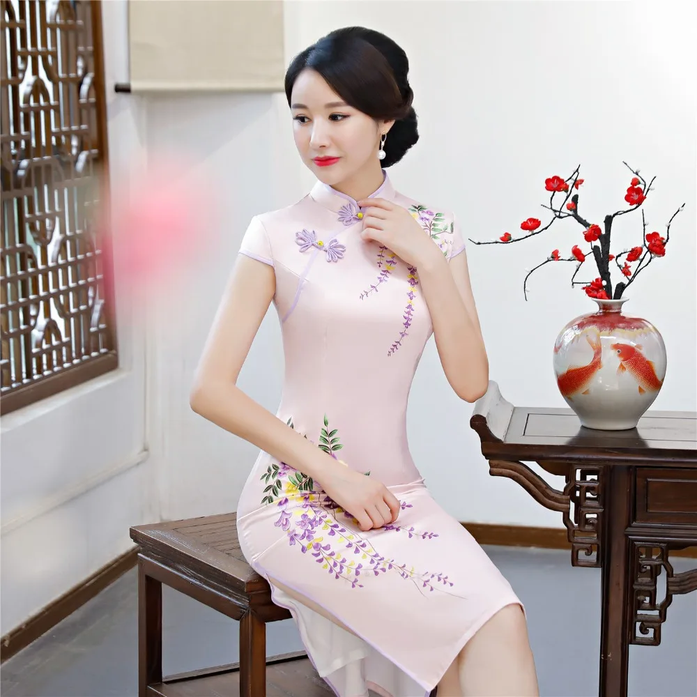 Шанхай история 2019 по колено китайский стиль платье цветочный принт из искусственного шелка Qipao Ципао с коротким рукавом для женщин