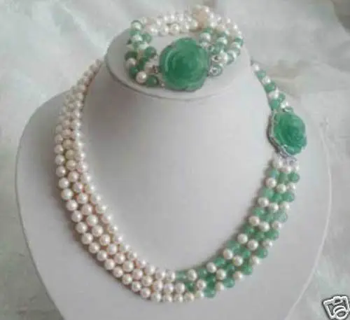 

hot sell new - shitou 00505 white pearl green jade bracelet pendant necklace set