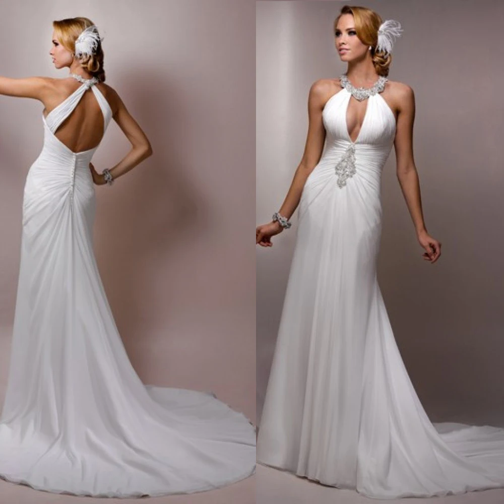 Wedding Halter Wedding Dress chiffon halter wedding dress promotion shop for promotional adln wholesale flowing beach neck sexy backless dresses with sweep trains