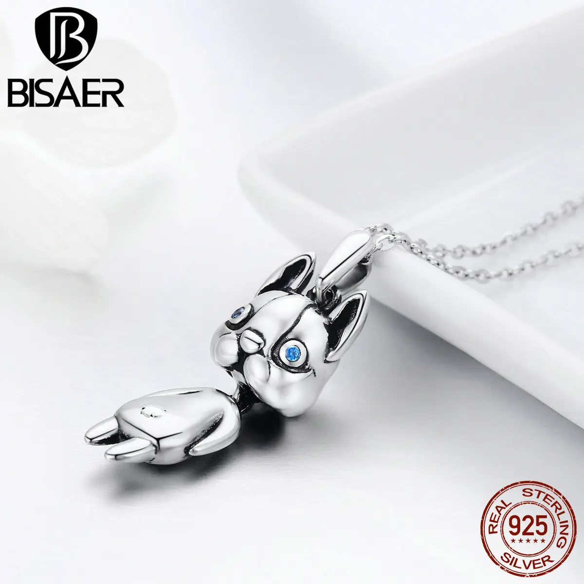 

BISAER Popular Authentic 925 Sterling Silver Moving French Bulldog Pendant Chain Necklace for Women Fashion Jewlery Gift HSN233