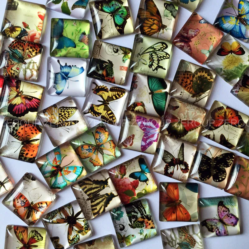 

50pcs/lot 10-15mm clear square glass cabochon butterfly pattern mixed color fit cameo base setting TP-002-S