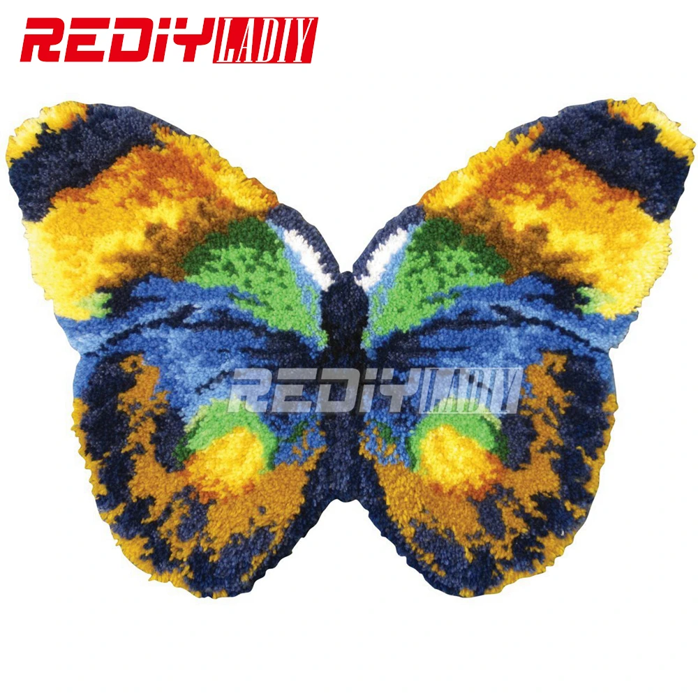 

3D Latch Hook Rug Kits Unfinished Crocheting Tapestry Yarn Needlework Cushion Sets for Embroidery Carpet Beautiful Butterfly Mat