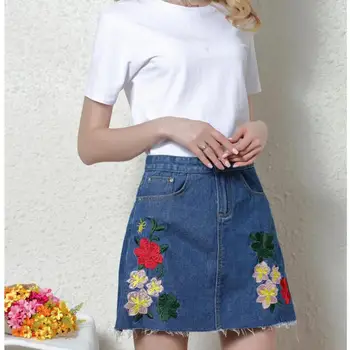 

2020 Summer New Arrival Floral Embroidery Jeans Skirt With Fur Edge A Line Skirt And Buttock Korean Denim Skirt Free Shipping