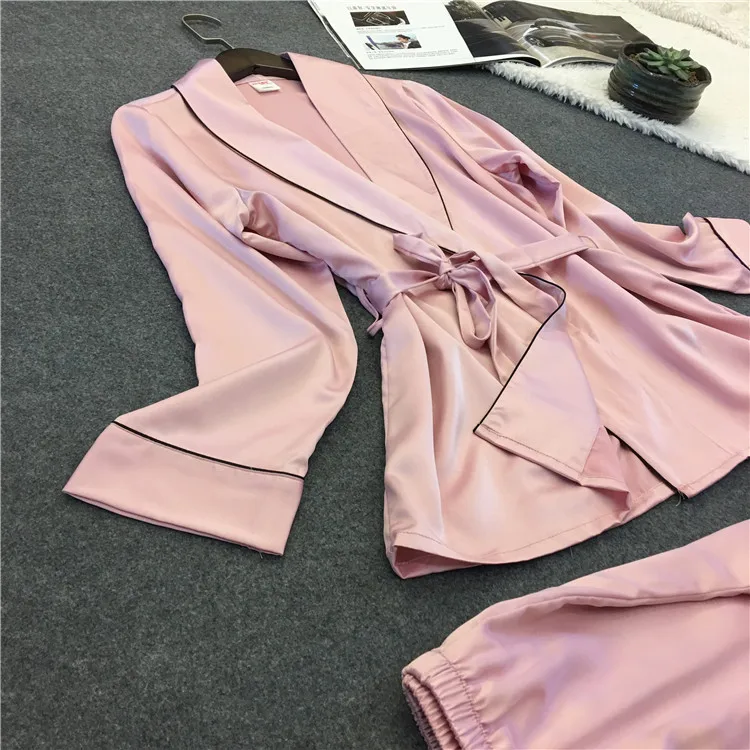Новые весенние леди Шелковый Для женщин сексуальная пижамы Твердые Пижамный костюм из вискозы с длинным рукавом Брюки Женская пижама