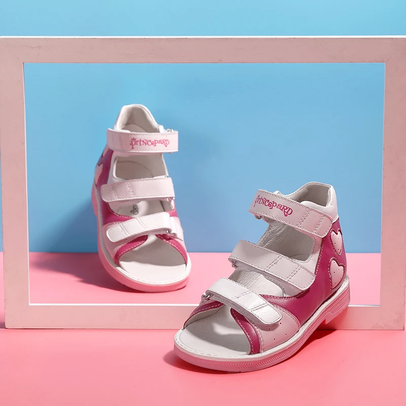 Princepard/летние розовые ортопедические сандалии для девочек; детская ортопедическая обувь; 1 подкладка из свиной кожи с узором в виде сердца; натуральная кожа; размеры 21-36