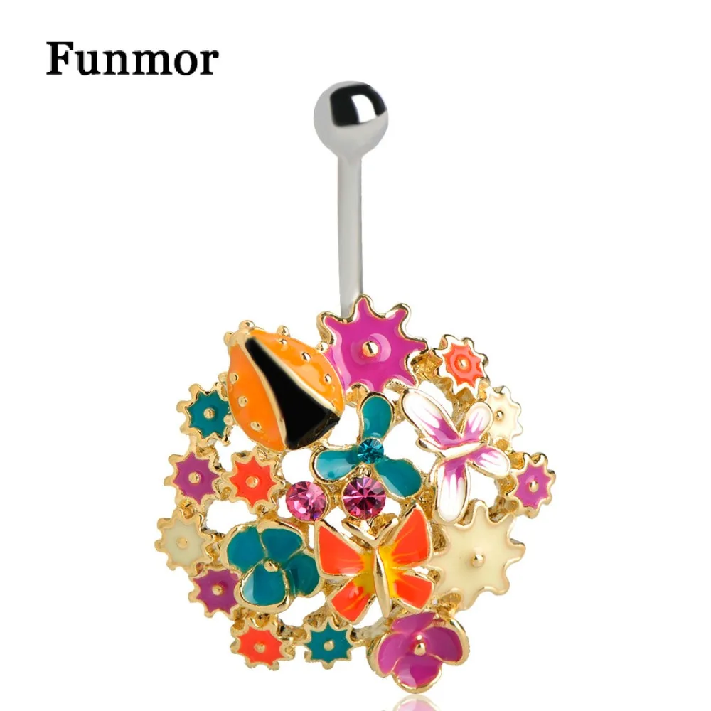Funmor кольца на пупок с кристаллами и цветами эмалевая божья коровка пирсинг в