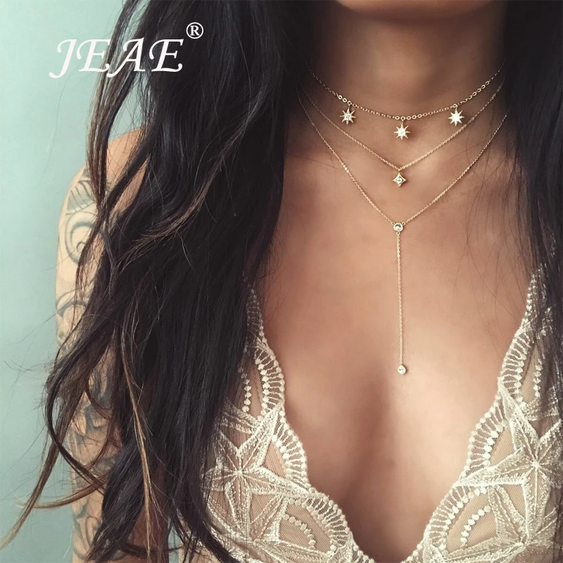

JEAE Simple Multilayer Long Crystal Pendant Necklace Vintage Star Pendant Collar Choker Necklaces Set Jewelry Accessories Gift