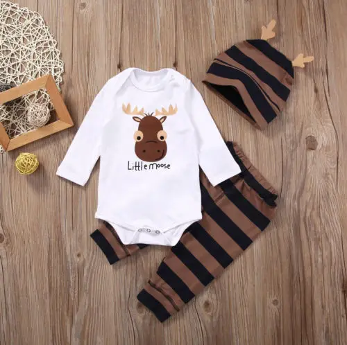 

2019 Baby Boy Clothing Sets Xmas Little moose Newborn Baby Boy Girls Clothes Long Sleeve Romper Jumpsuit Long Pants +hat Outfits