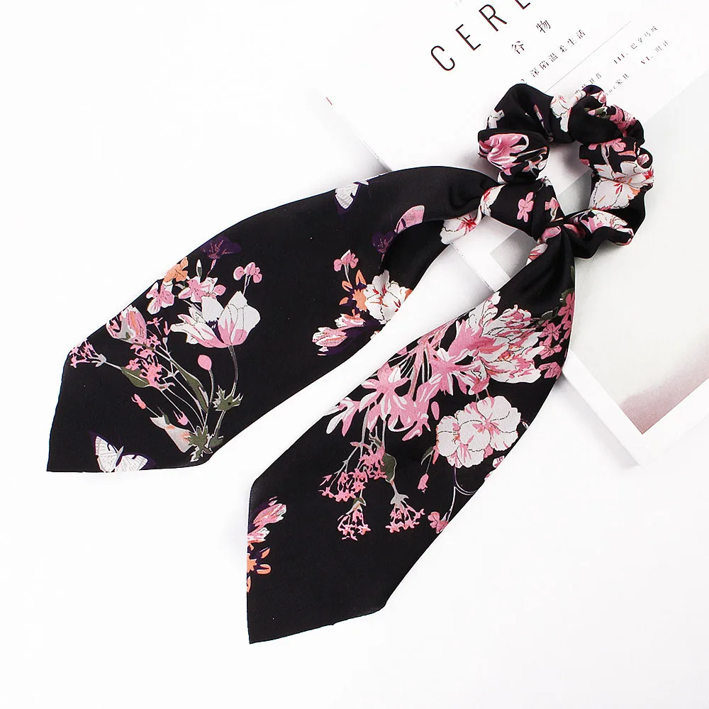 Модный шарф-бант для волос, Резиновая лента, эластичные резинки для волос для женщин и девушек, резинки для волос с хвостиком, аксессуары для волос - Цвет: Flower Black