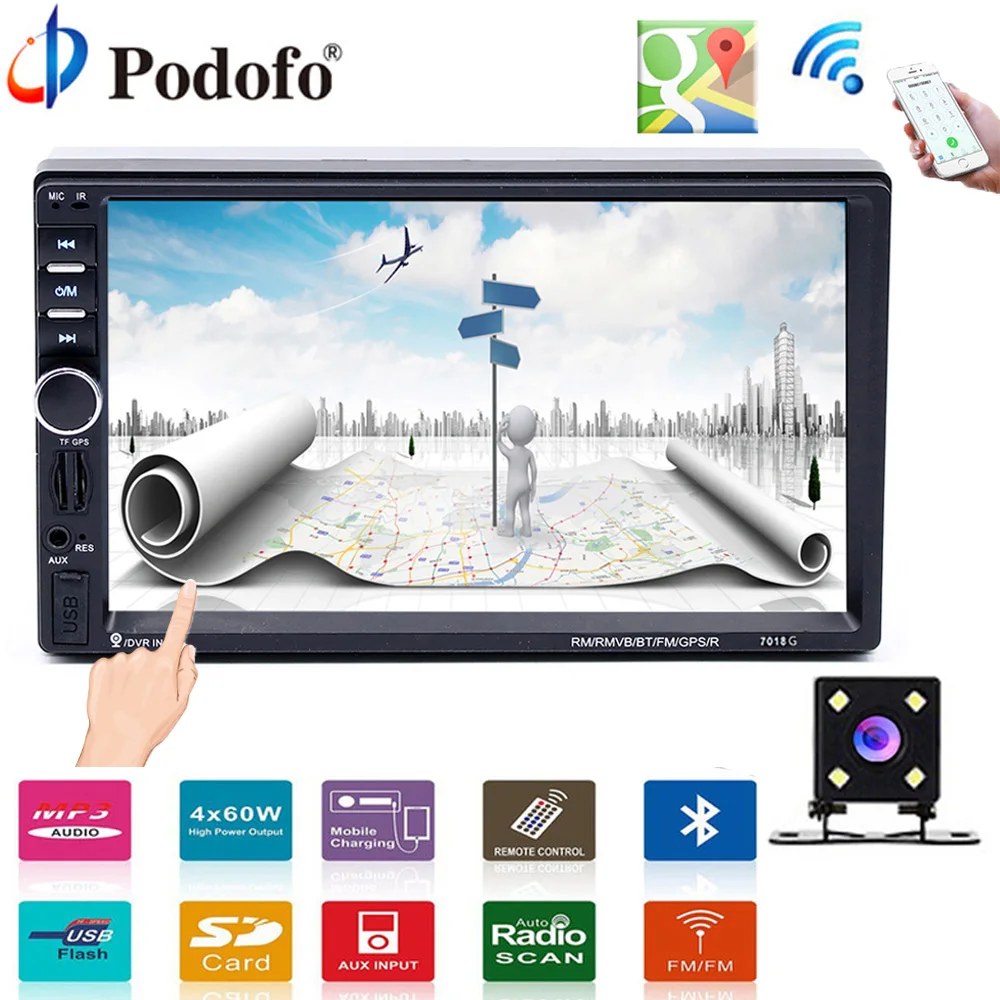 Podofo 2 din Car Multimedia Player GPS navigation Bluetooth Audio Stereo radio 7 HD MP5 Touch