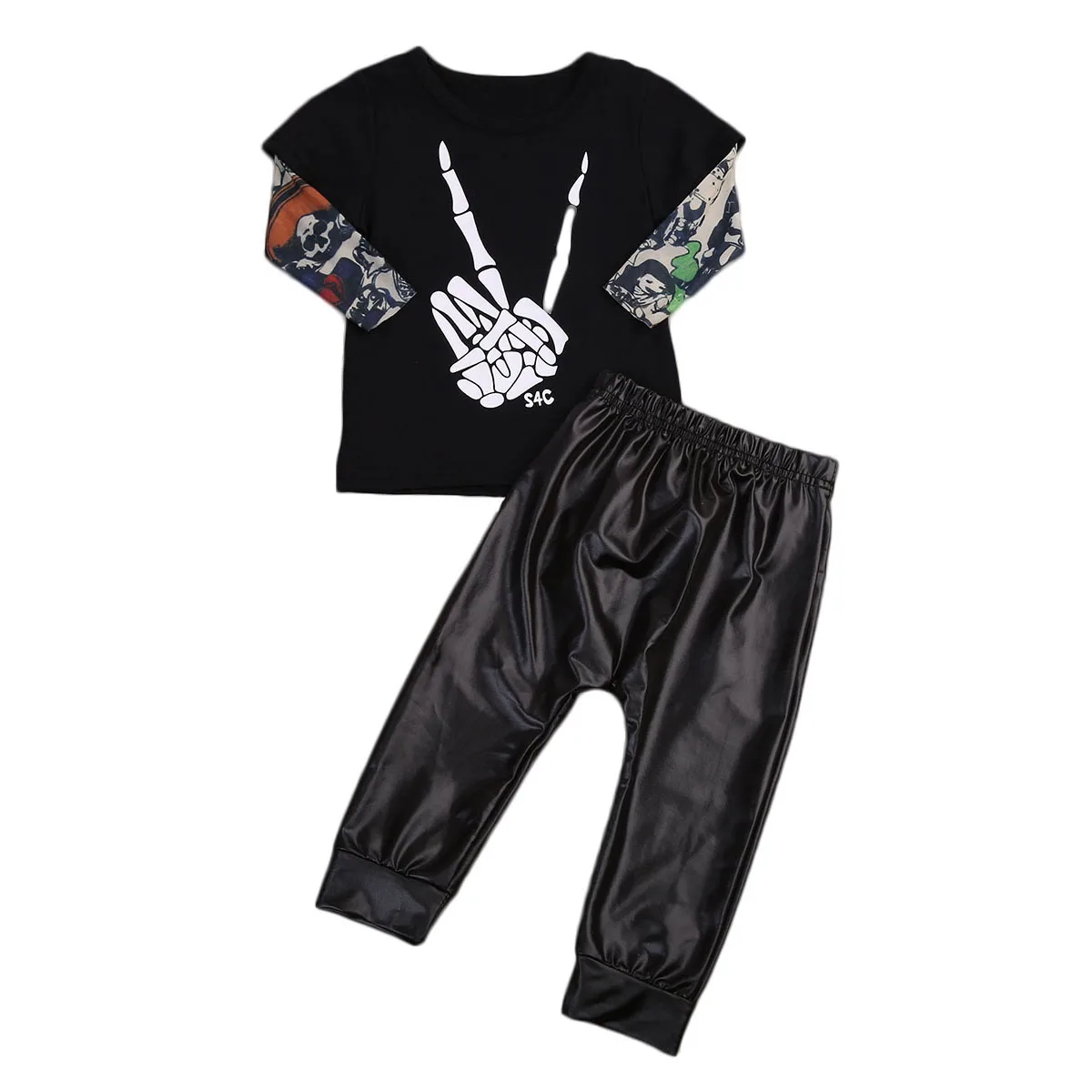 2PCS Skeleton Kids clothes Newborn Toddler Boys T-Shirt Tops+Leather Pants Clothes Set Outfits |