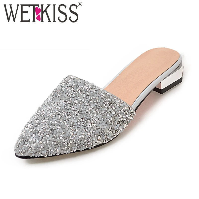 

WETKISS 2019 Bling Slides Charm Women Shoes Brand Square Heel Summer Slippers Low Heel Pointed Mules Women Street Casual Shoes