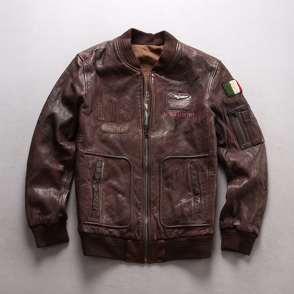 

2018 fashion baseball jacket men real genuine leather jacket flight jacket men slim fit bomber jacket men's pilot coat