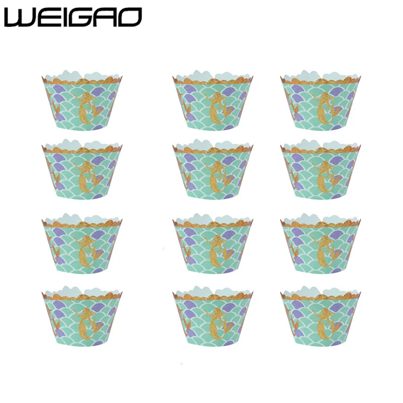 

WEIGAO 12pcs/lot Happy BirthdayGlitter Little Mermaid Cupcake Paper Wrapper Birthday Party Decorations Kids Baby Shower Girl