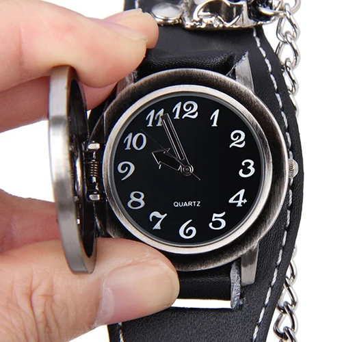  Men Black Punk Rock Chain Skull Faux Leather Bracelet Cuff Gothic Wrist Watch 