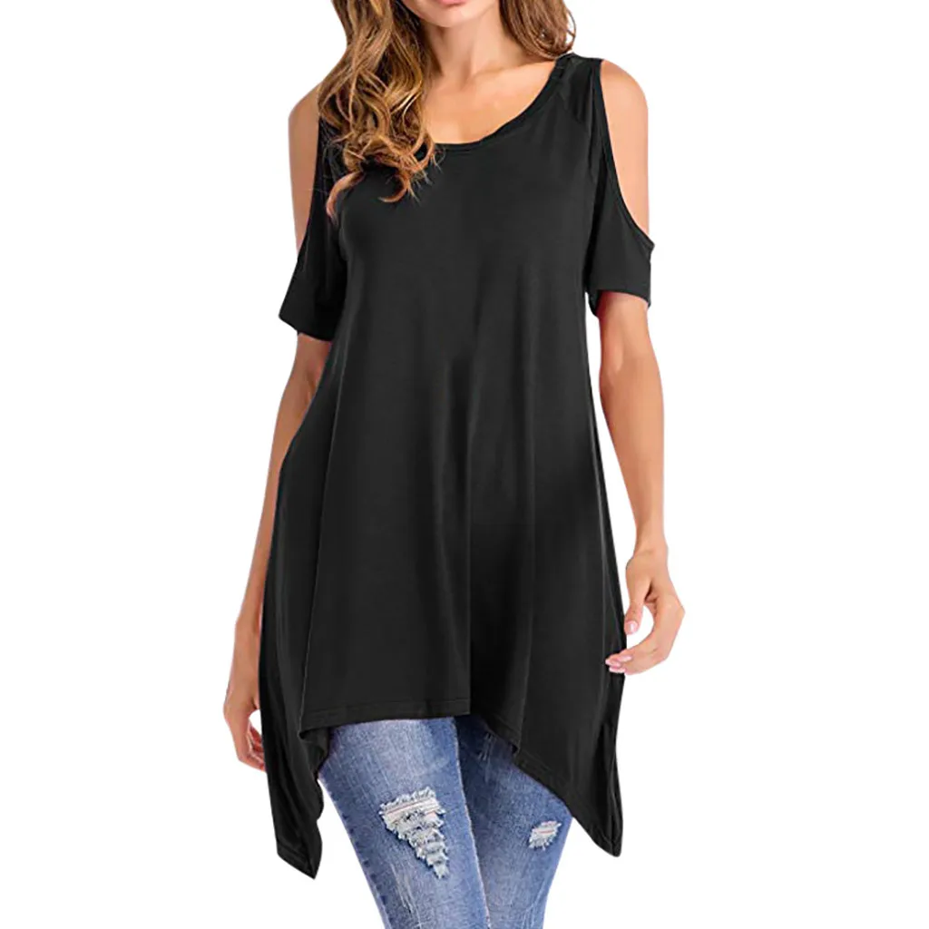 

Feitong Large Size Women Tunic Shirt Women's Cold Shoulder Long Sleeve Blouse O-Neck Loose Swing Tops blusas mujer de moda 2019