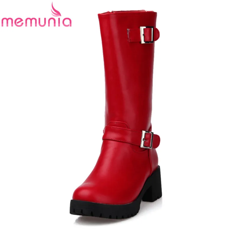 

MEMUNIA 2018 new arrival waterproof boots with buckle round toe mid calf boots solid zip pu leather boots 5cm heels women shoes